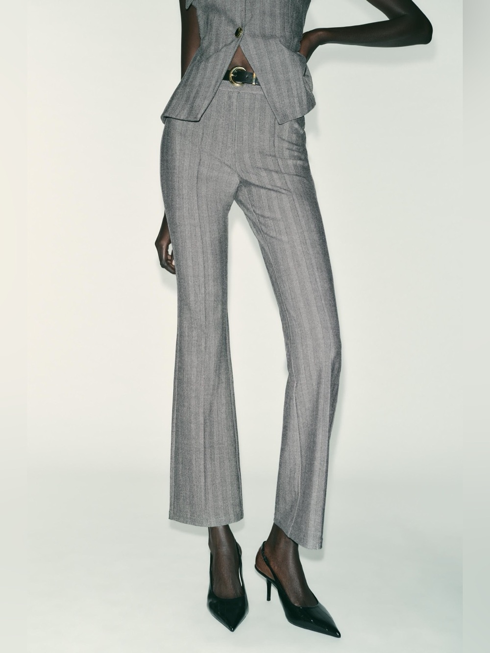 Zara Gray Pinstripe Vest and Flare Pants Set with Gold Buttons - Picture 9 of 14
